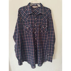 VTG Sears Western Wear LS Shirt Mens‎ Sz XL 17-17.5 Blue Plaid Pearl Snap Rodeo